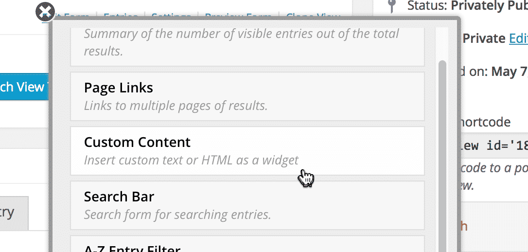 The Custom Content widget in the widget list