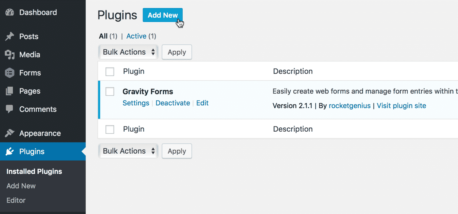 The Add New button on the WordPress Plugins page