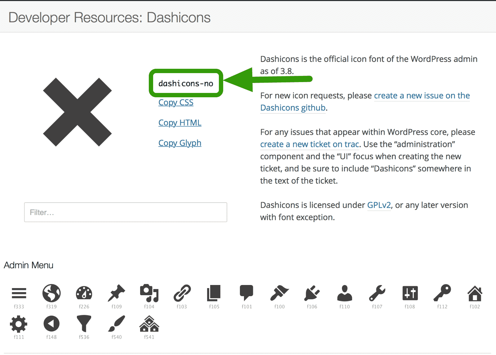 Dashicons home page with the icon name circled and an arrow pointing to the circled text