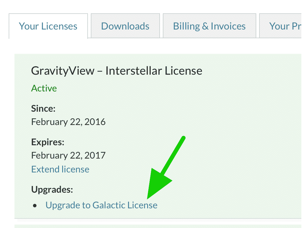 an upgrade license link on the GravityView license screen on the GravityView website