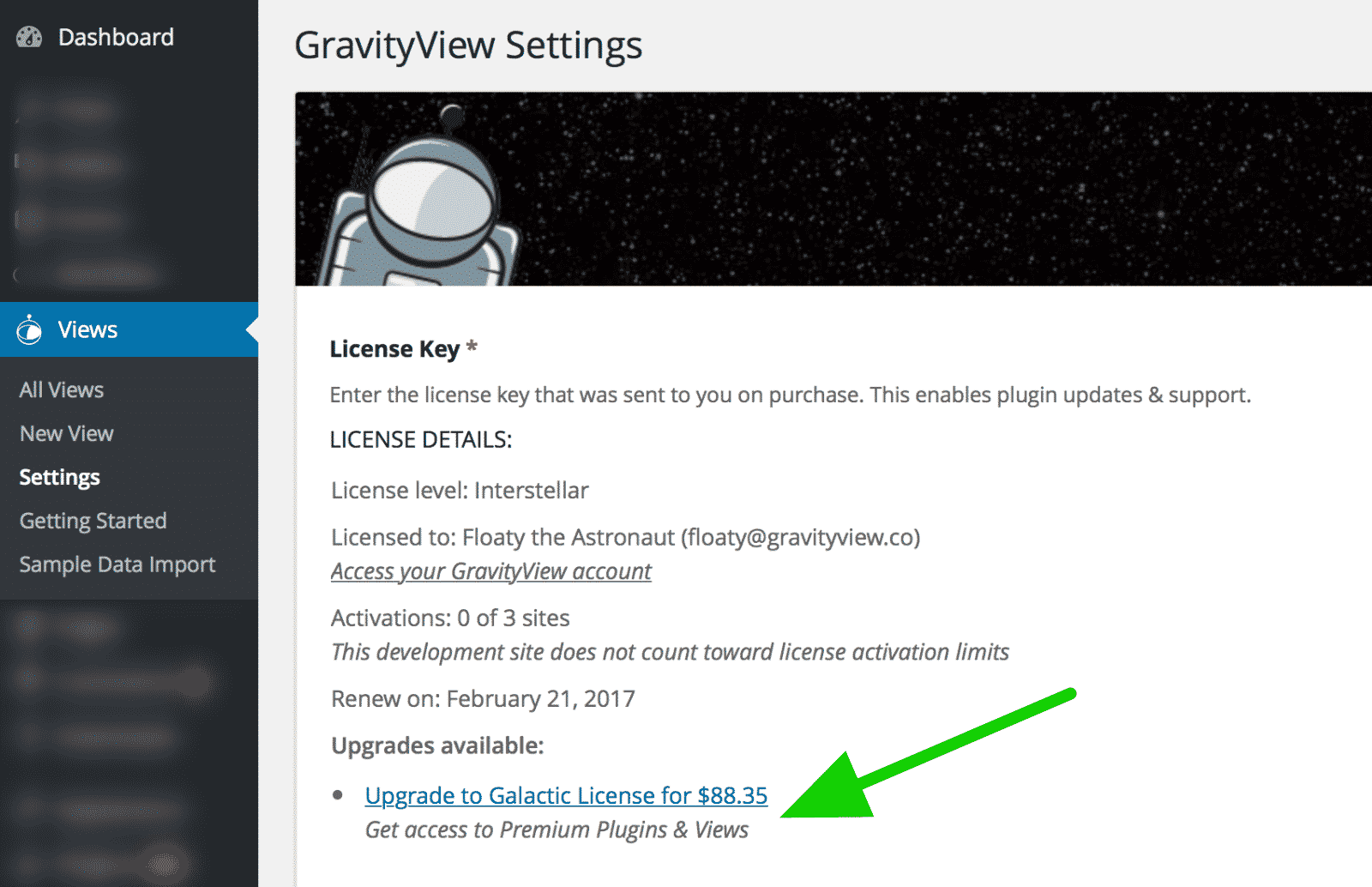 An upgrade license link inside the GravityView settings in WordPress