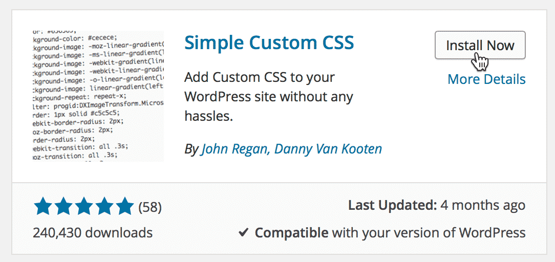 The Install Now button for the Simple Custom CSS plugin