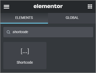 The Elementor "Shortcode" widget inside the Elementor visual page builder