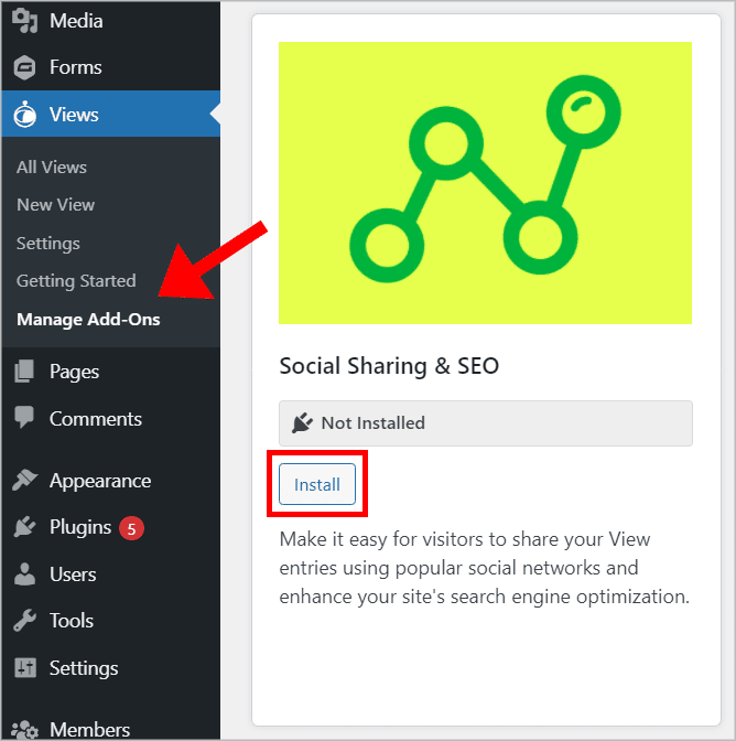 The GravityView Social Sharing & SEO extension on the "Manage Add-Ons" page in WordPress
