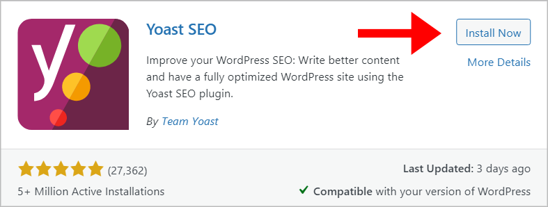 The Yoast SEO WordPress plugin preview showing over 27,000 reviews and more than 5 million active installations