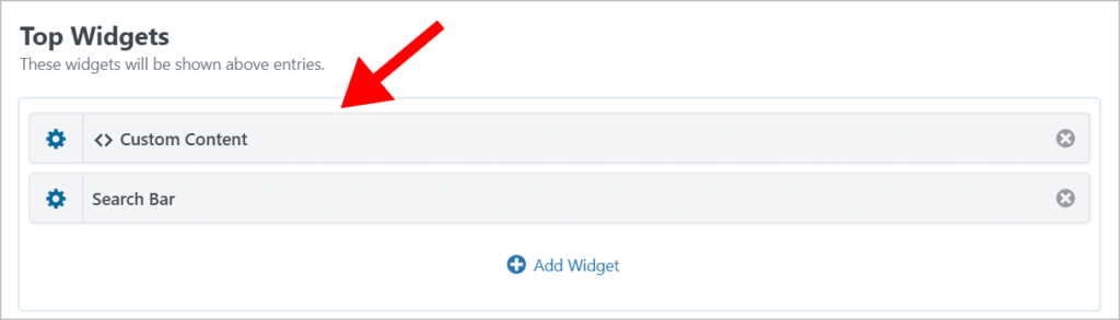 An arrow pointing to a Custom Content field in the "Top Widgets"