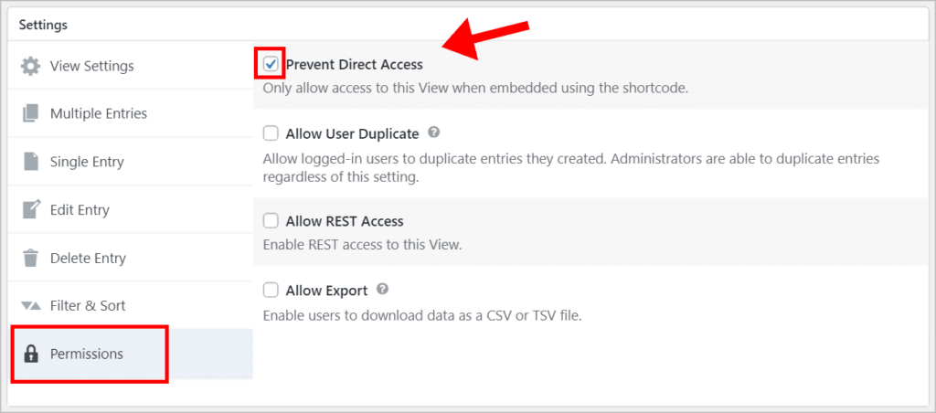 The "Permissions" tab on the GravityView Settings meta box. The "Prevent Direct Access" checkbox is checked.