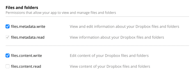 Under "Files and folders", check the boxes for files.metadata.write and files.content.write.