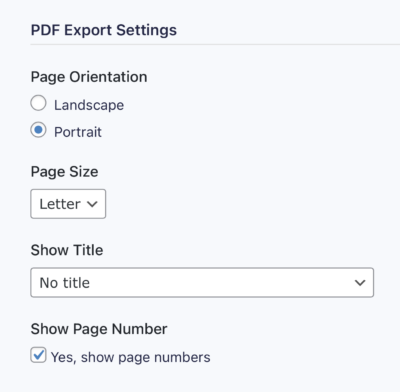 GravityExport PDF export for Gravity Forms settings - configure page orientation, page size, titles, and page numbers.