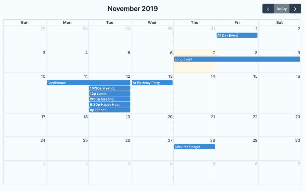 Calendar showing Gravity Forms entries in a month grid layout